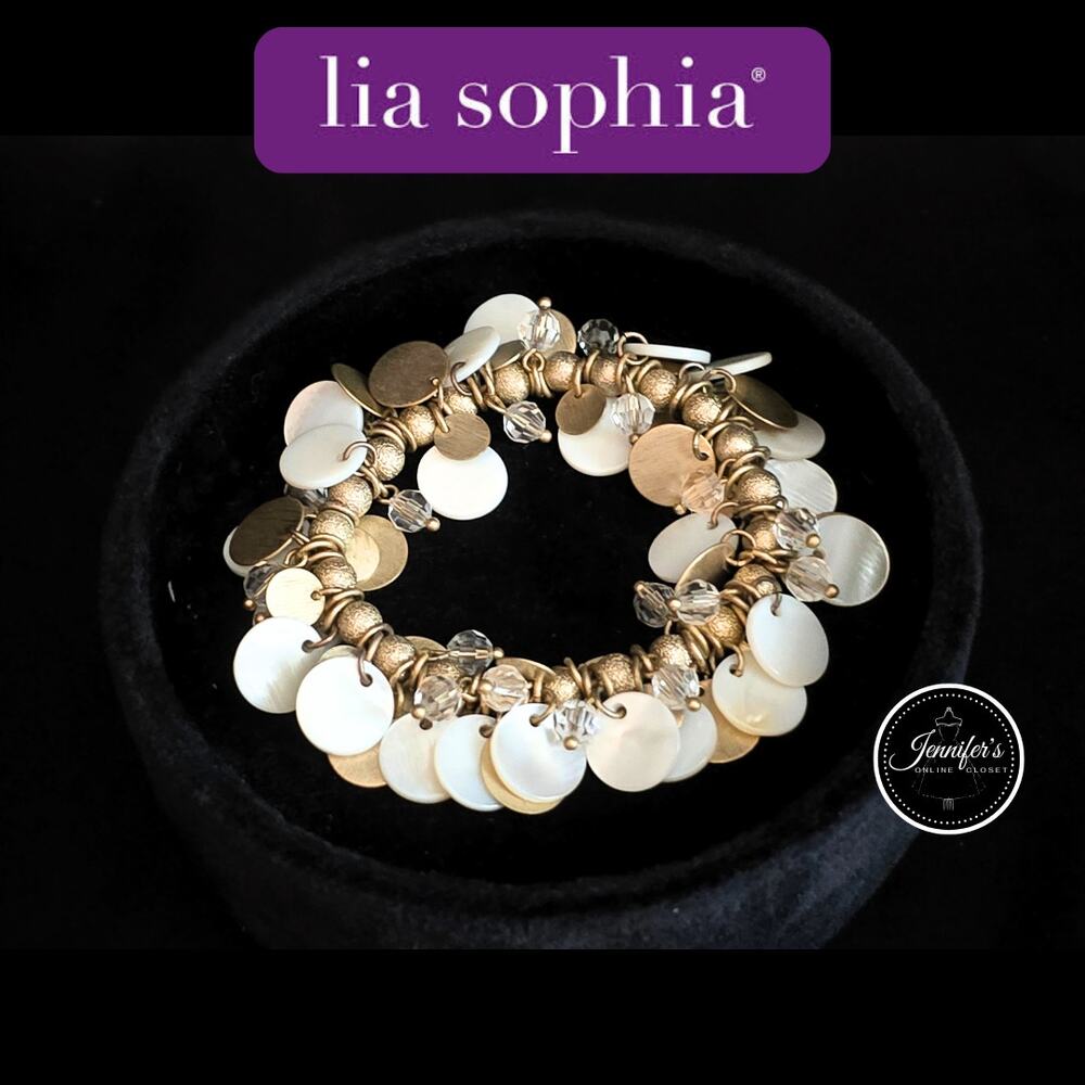 Lia Sophia "Bon Bon" Matte Gold Tone with Mother of Pearl Stretch Bracelet